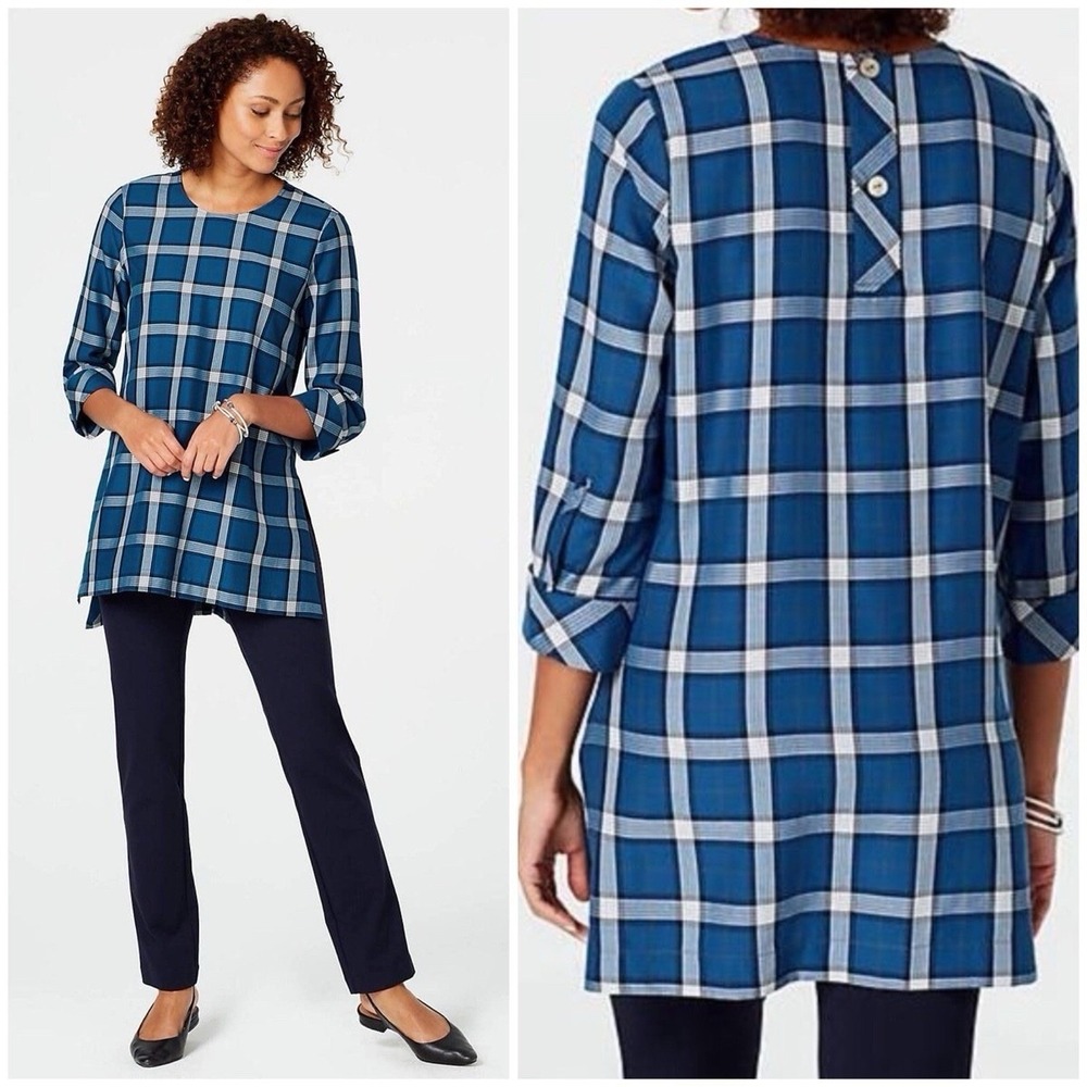J. Jill Atlantic Blue Plaid Tunic Top 3/4 Sleeve Size M Tall Pullover Tencel